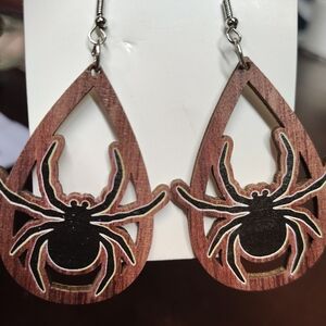 Spider Teardrop Wooden Earrings